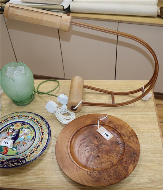 A bespoke beech and cedar adjustable desk lamp, circa 1980 and a turned burr oak dish by Ivan Upright